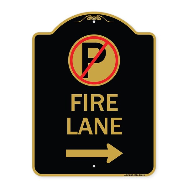 Fire Lane No Parking and Right Arrow, Black & Gold Aluminum Sign, 18" x 24", BG-1824-24019